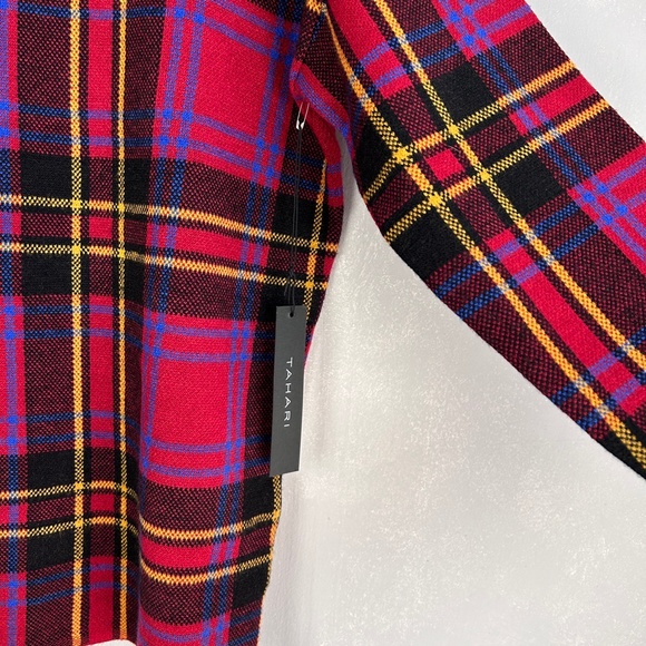 Tahari size L high neck long sleeve knit sweater red yellow black blue plaid NWT - Picture 6 of 9